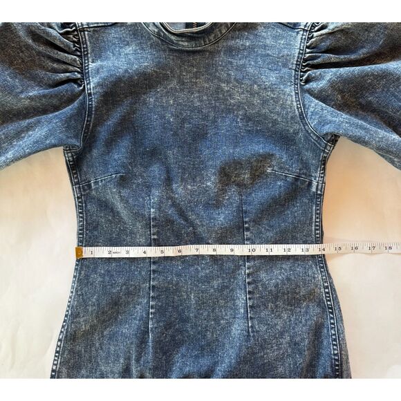 GANNI 90's Acid Wash Stretch Denim Puff Sleeve Mock Neck Cult Mini Dress Size 36 - Picture 15 of 16